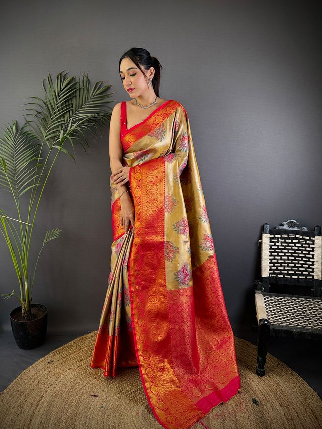 Elora Gold Silk Leheriya Meenakari Zari Weaves Dharmavaram Saree | Grocsy