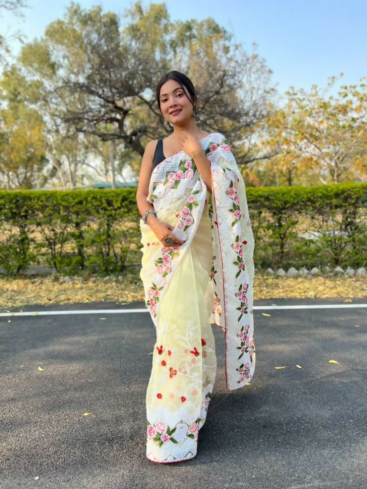 Vamsee Kamaljaal Yellow Organza Saree | Grocsy