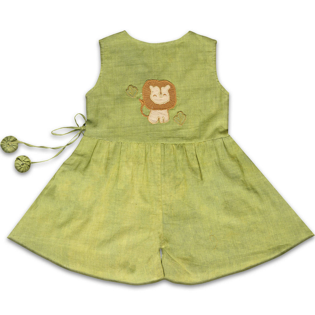 Mhyssa Green V Neck Short Jumpsuit With Front Overlap Tie-Up For Kids | Grocsy