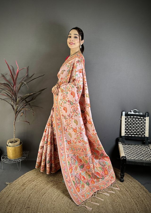 Elora Pretty Pink Pashmina Silk Meenakari Weaving Madhubani Design Kashmiri Saree | Grocsy