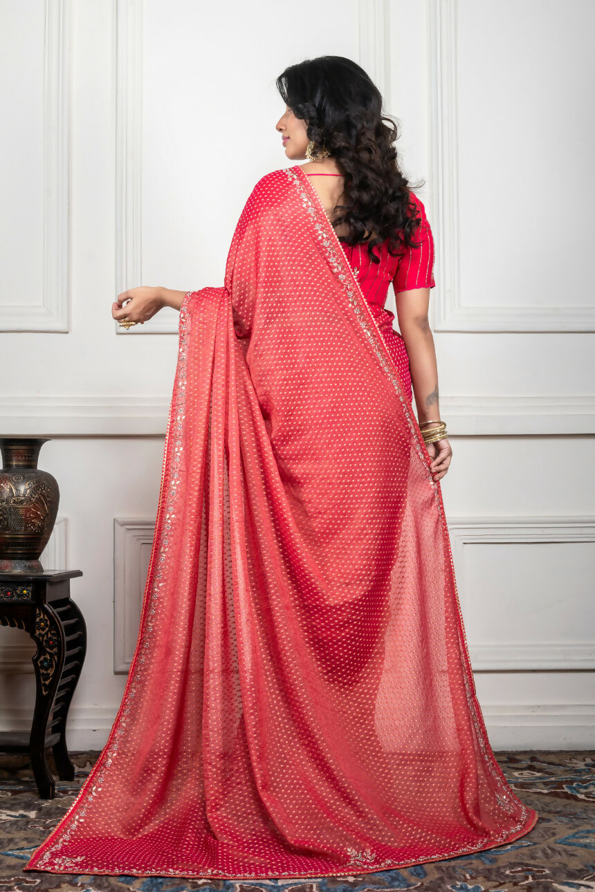 Morchari Pink Pure Chiffon Hand Embroidery Saree And Stitched Blouse | Grocsy