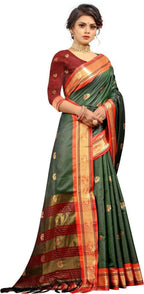 DEIANA'S Beautiful Designer Golden zari Soft Lichi Silk Saree - Green | Grocsy