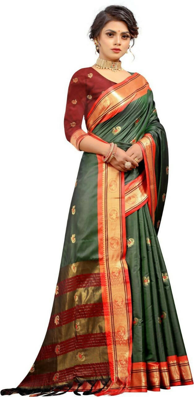 DEIANA'S Beautiful Designer Golden zari Soft Lichi Silk Saree - Green | Grocsy