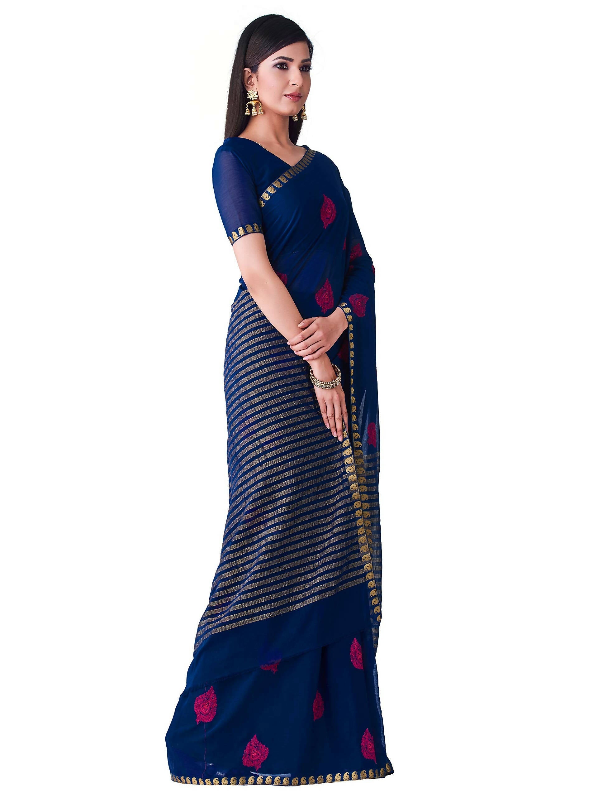 Mimosa Women's Navy Blue Banarasi Chiffon Saree | Grocsy