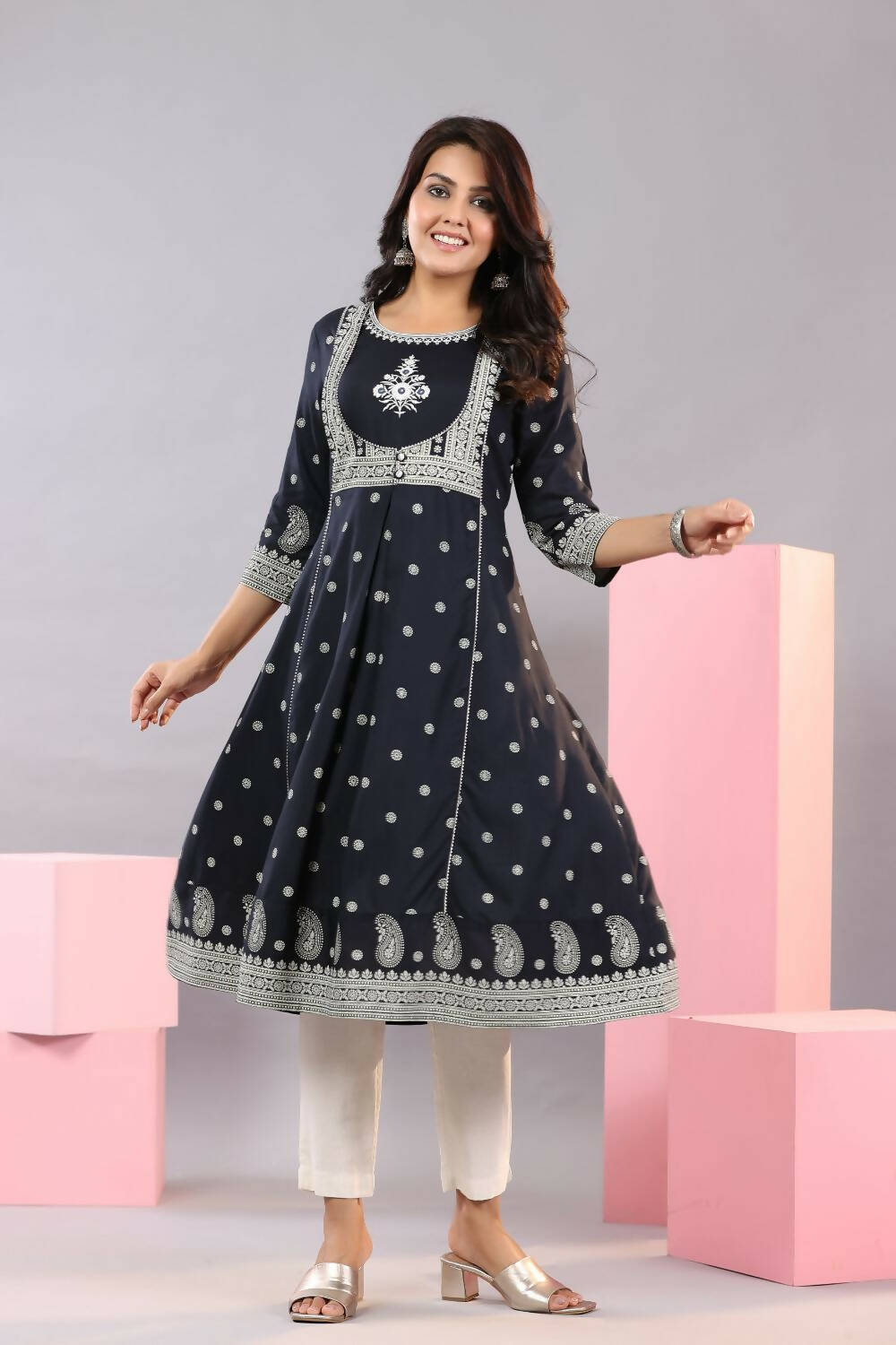 Juniper Women Indigo Rayon Printed A-Line Kurta | Grocsy