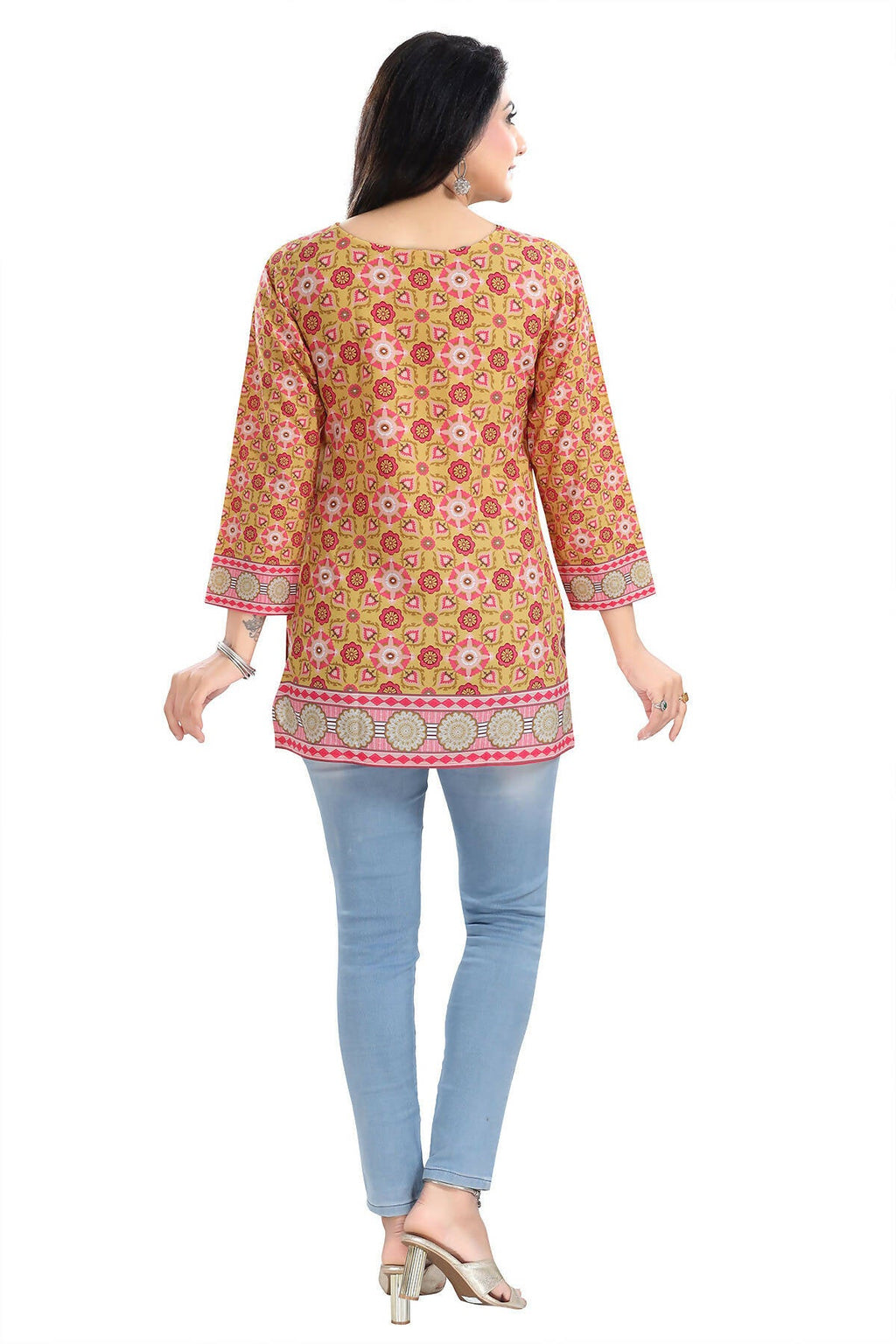 Snehal Creations Yellow Faux Crepe Short Kurti Tunic Top | Grocsy