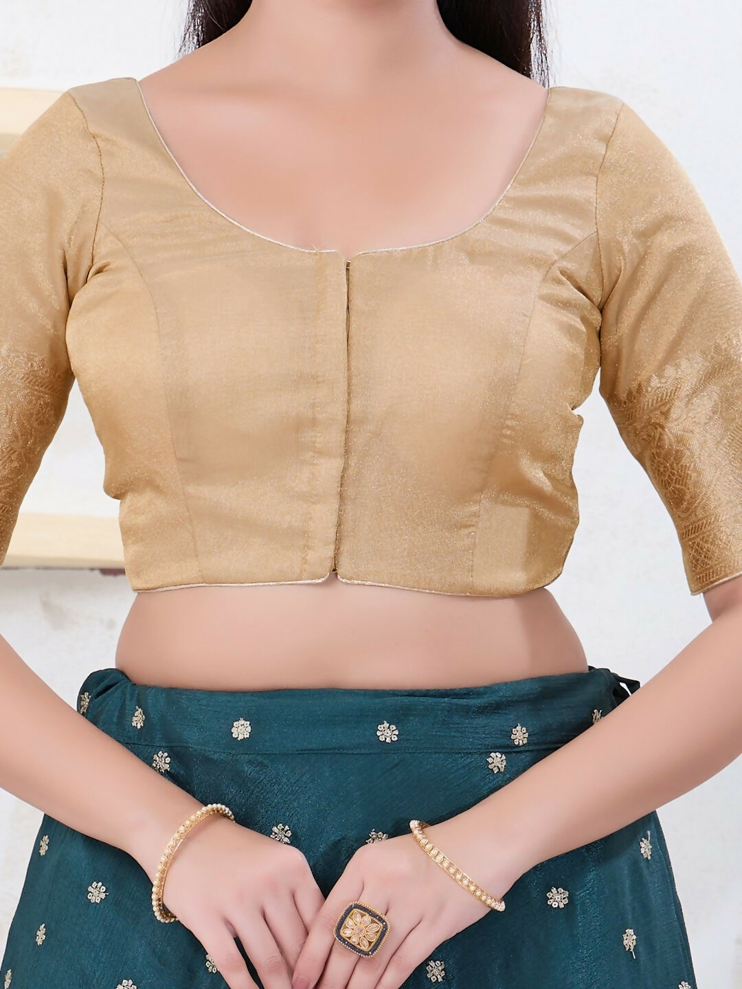 Joban Fashion Light-Gold Brocade Elbow Sleeveless Front Open Blouse | Grocsy