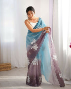 Sky Blue and Grey Crunchy Crush Pedding Color Embroidery Work Party Wear Saree - Zuleika | Grocsy