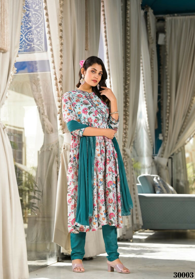 Designer Stylish Mid Night Blue Rubi Silk Stitched Suit With Dupatta - Kiyara | Grocsy