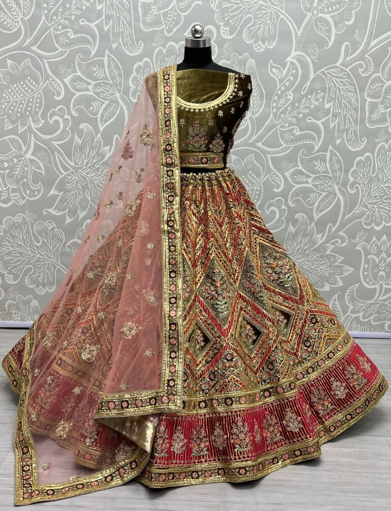 Jyoti Fashion Women's Pista Green Velvet Golden Gotta, Multi Thread Embroidered with Diamond Work Wedding Lehenga Choli | Grocsy