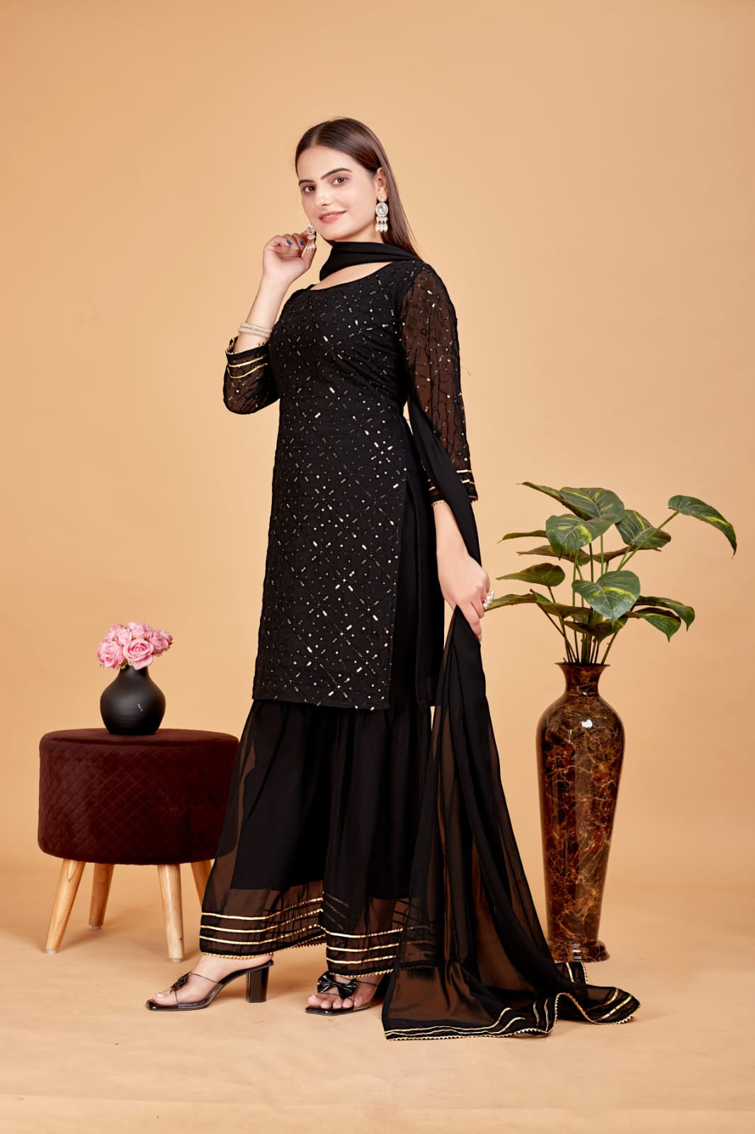 Women's A-Line Black Kurta and Sharara With Dupatta Set - A2M | Grocsy