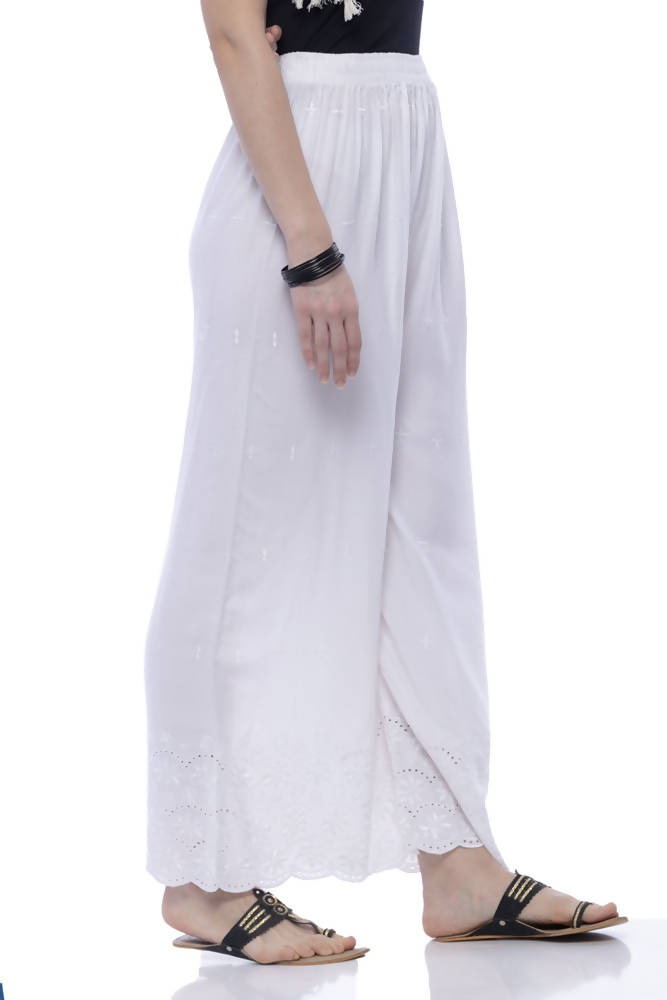 Mominos Fashion Rayon Cotton White Embroidery Chikan Palazzo | Grocsy