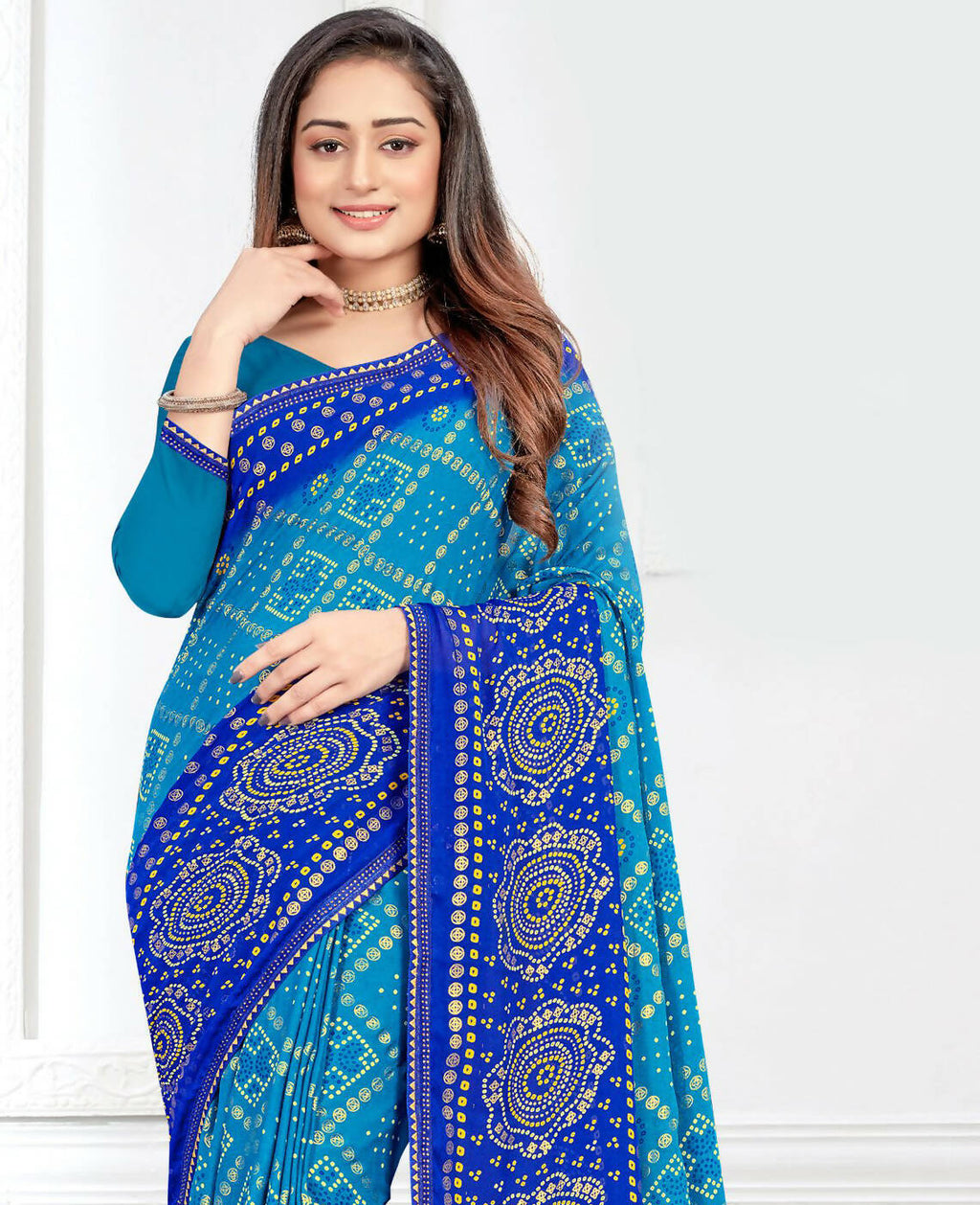 Sky Blue Georgette Bandhani Printed Saree With Unstitched Blouse Piece - Jyoti | Grocsy