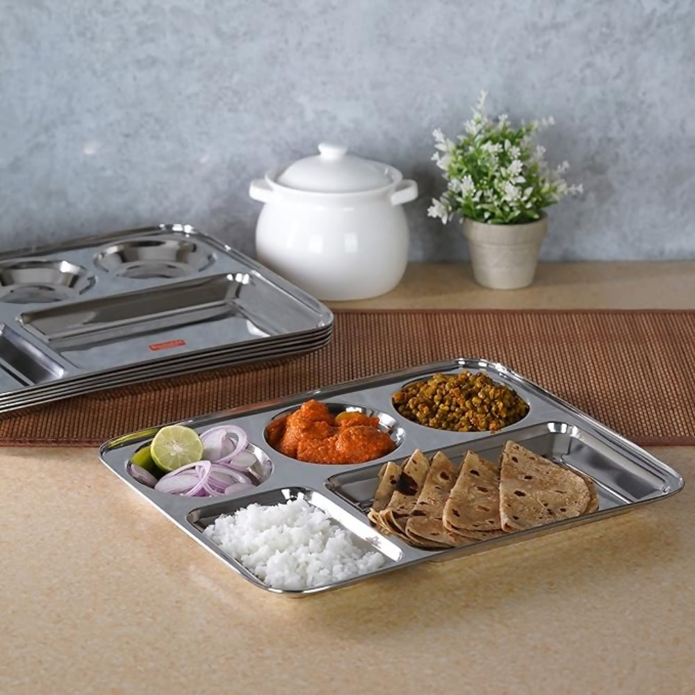 Sumeet Stainless Steel Rectangular 5 in 1 Compartment Lunch/Dinner Plate - small | Grocsy