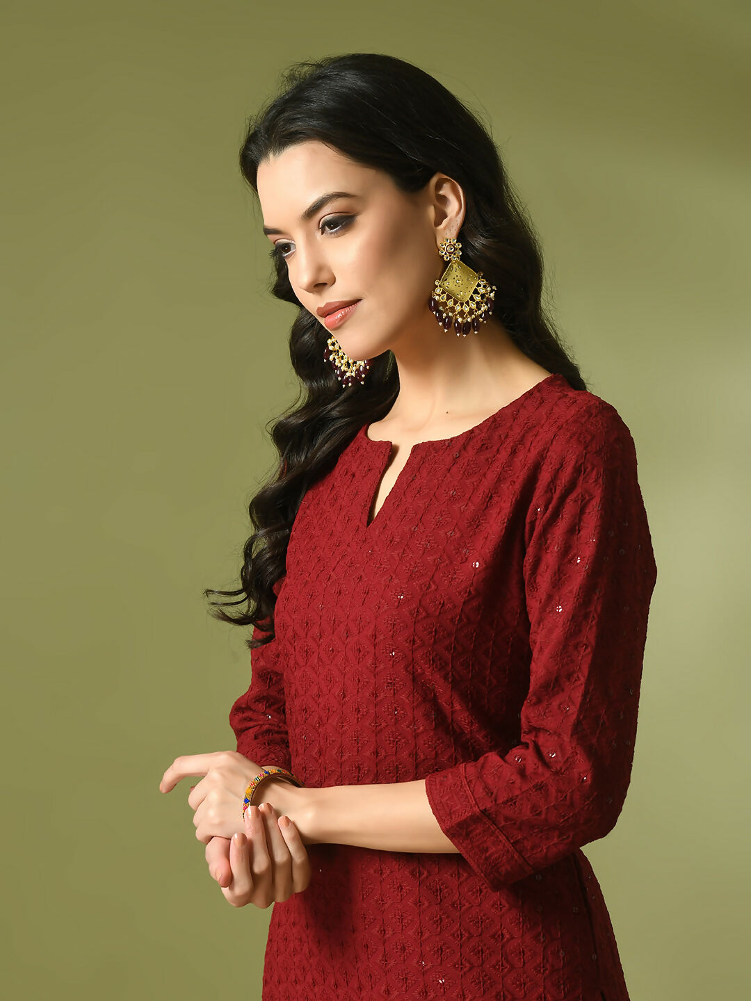 Myshka Women's Maroon Embroidered Cotton Straight Party Kurta Set | Grocsy