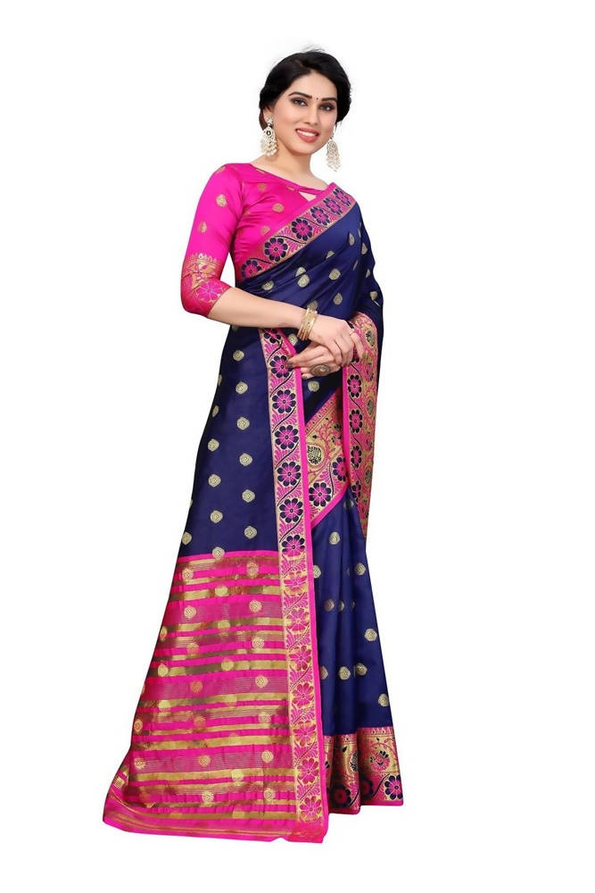 Vamika Cotton Rich Silk With Jacquard Weaving Navy Blue Saree | Grocsy