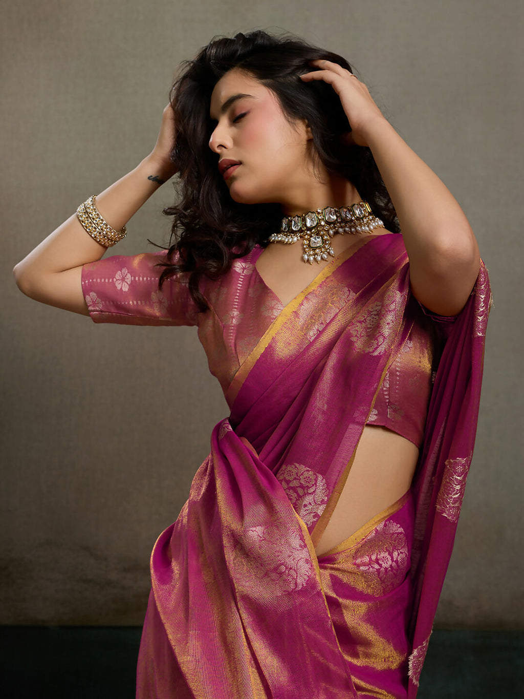Shree Shyam Fashion Magenta Tissue Silk Saree | Grocsy