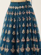 House of Panchhi Teal Net Semi stitched Mirror and Coding Work Lehenga Choli | Grocsy