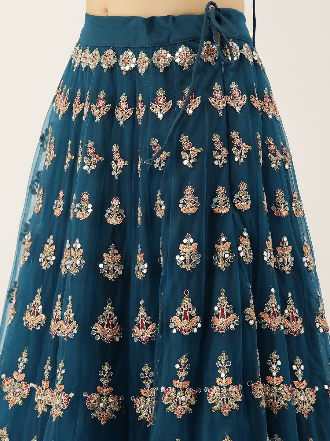 House of Panchhi Teal Net Semi stitched Mirror and Coding Work Lehenga Choli | Grocsy