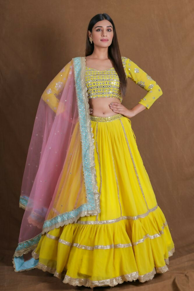 Yellow Georgette Zari Sequence Embroidery With Foil Mirror Work Lehenga Choli - Jihu Culture | Grocsy