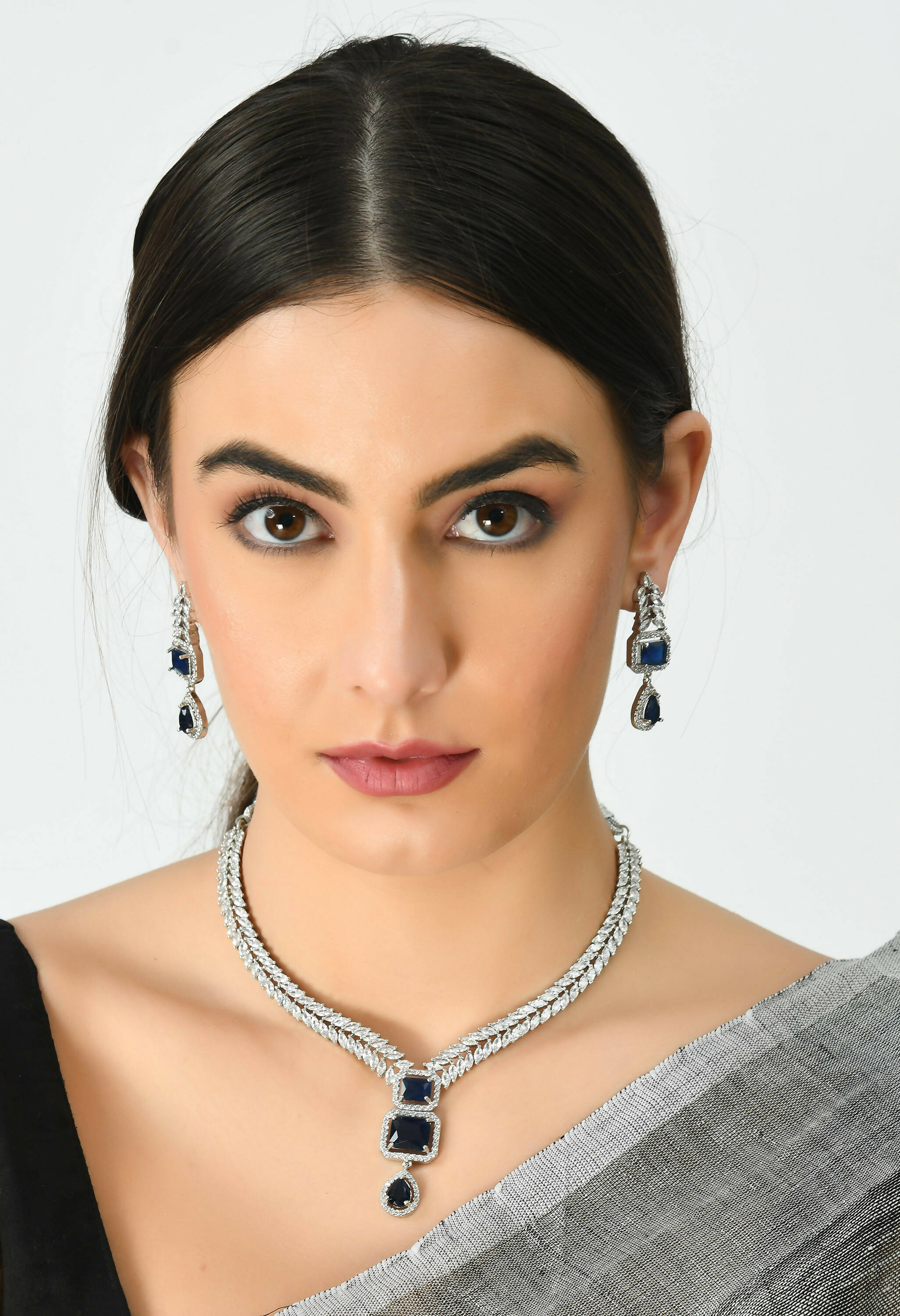 Mominos Fashion Johar Kamal Silver-Plated American Diamond Navy Blue Choker Set | Grocsy