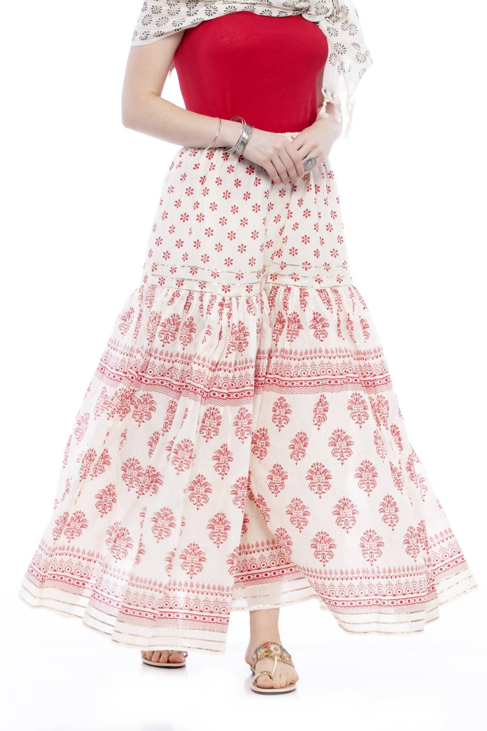 Mominos Fashion Cotton Block Print With Lace Work Off White Red Color Prints Palazzo | Grocsy