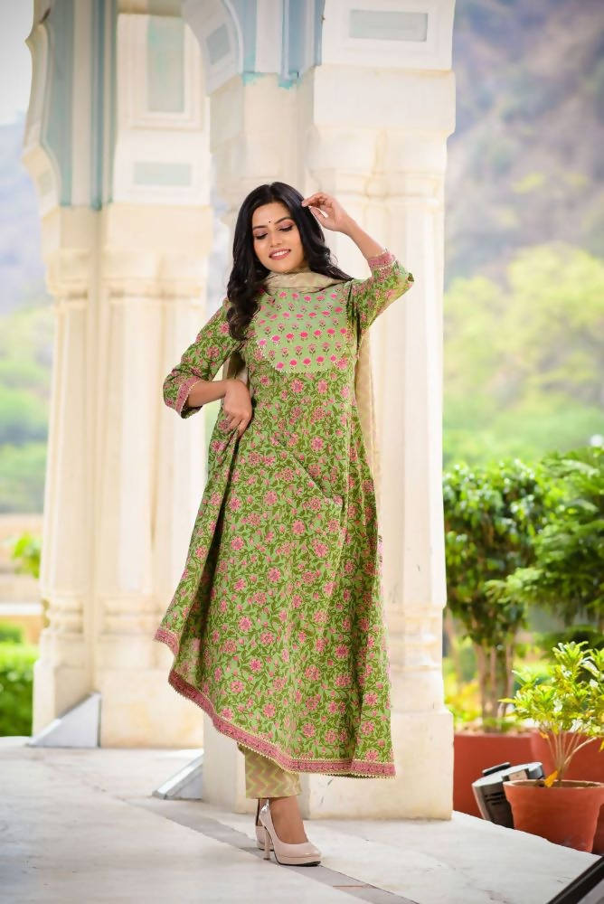 Yufta Women Green Floral Printed Pure Cotton Anarkali Kurta with Trouser and Dupatta | Grocsy
