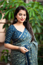Blue Cotton Blend Ajrak Saree with Unstitched Blouse - Hiral Fashion | Grocsy
