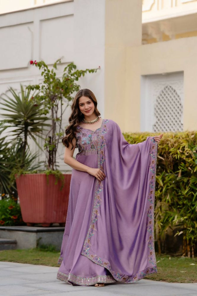 Teeya Creation Lavender Color Vichitra Silk Designer Party Wear long Gown | Grocsy