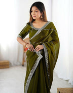 Joban Fashion Tissue Silk Olive Green Color Embroidery Saree | Grocsy
