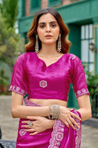 Vastranavya Pink Embroidery Work Shimmer Chiffon Saree with Unstitched Blouse | Grocsy