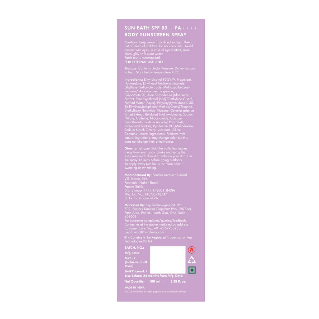 mCaffeine Sun Bath SPF 80+ PA ++++ Body Sunscreen Spray | Grocsy