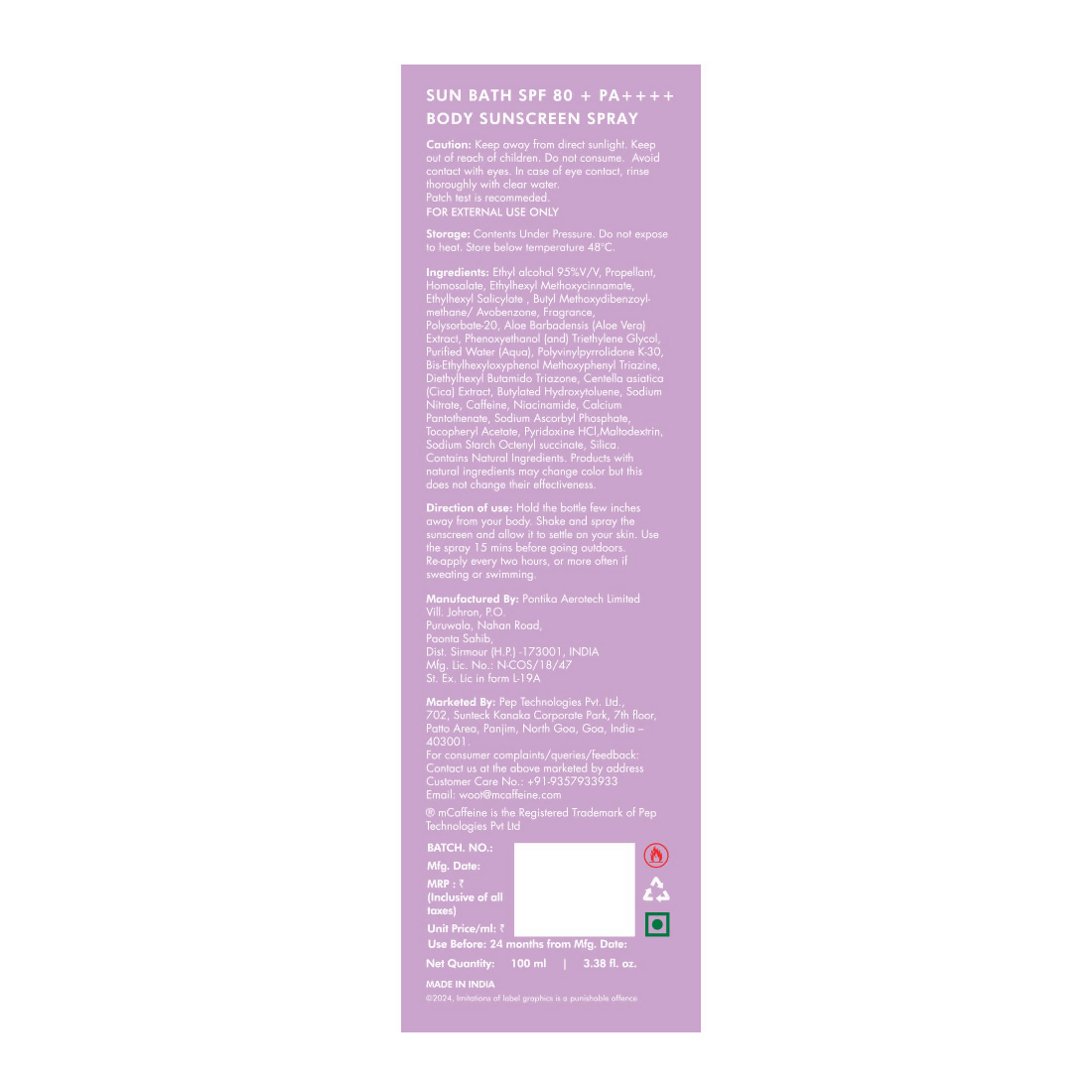 mCaffeine Sun Bath SPF 80+ PA ++++ Body Sunscreen Spray | Grocsy