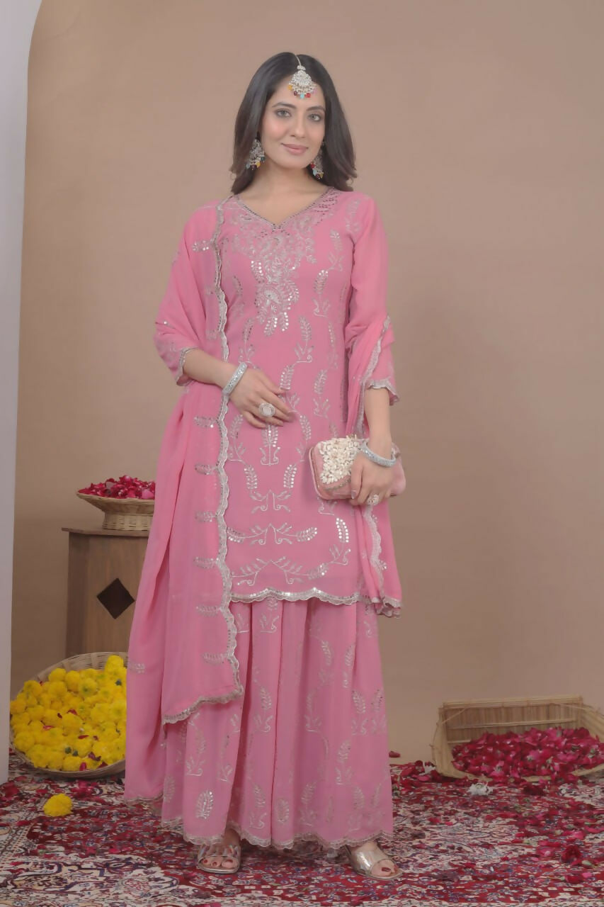 Teeya Creation Baby Pink Color Faux Georgette Wedding Wear Trending Palazzo Set | Grocsy