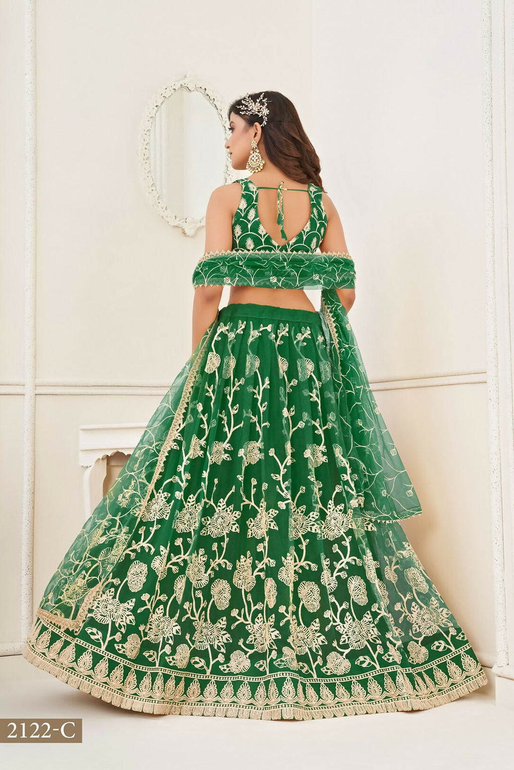Eilara Women'S Green Butterfly Net With Sequins And Embroidery Work Lehenga Choli For Wedding | Grocsy