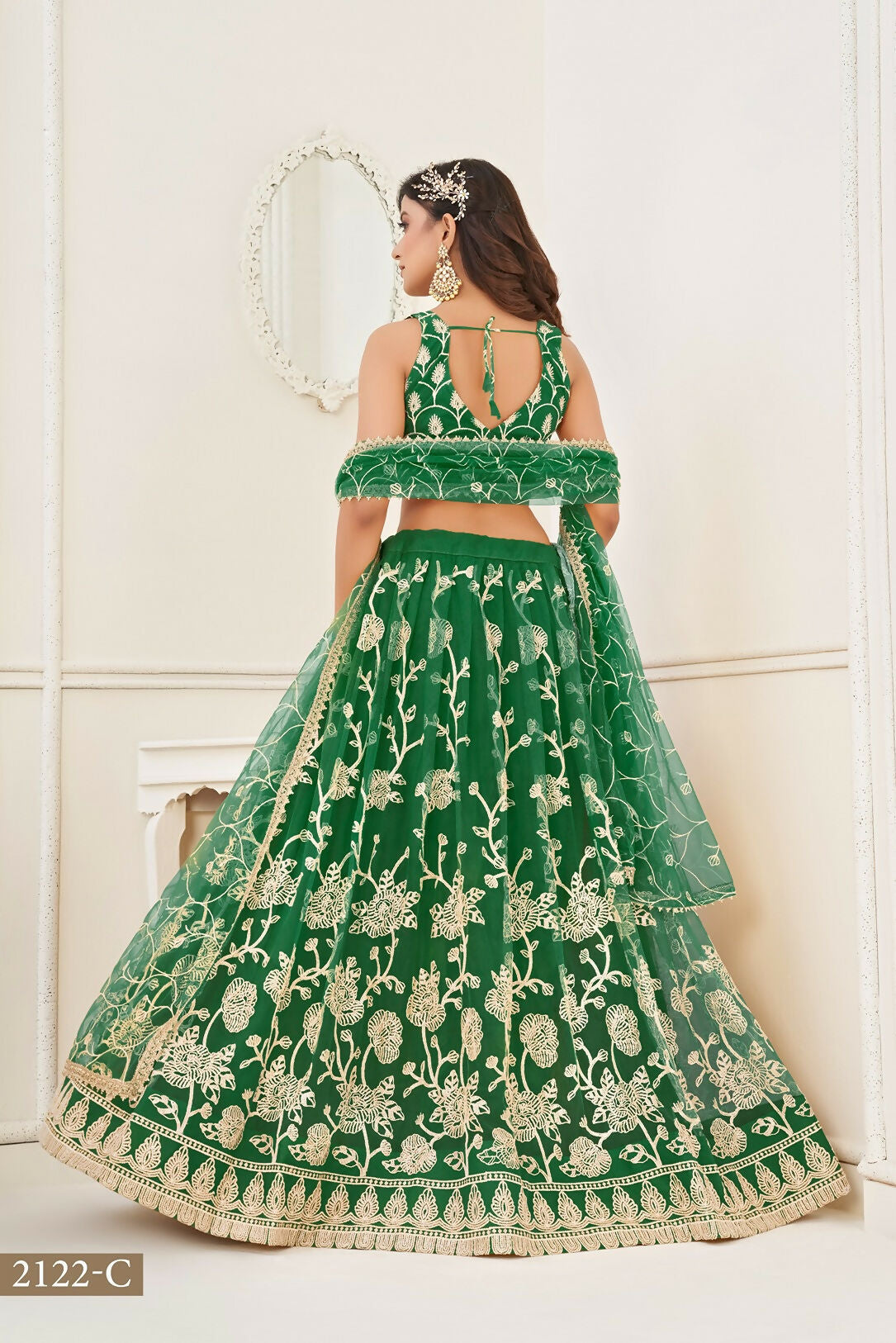 Eilara Women'S Green Butterfly Net With Sequins And Embroidery Work Lehenga Choli For Wedding | Grocsy
