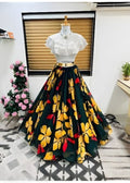 Dishitha Creation Floral Printed Stitched Lehenga & Crop Top - White & Black | Grocsy