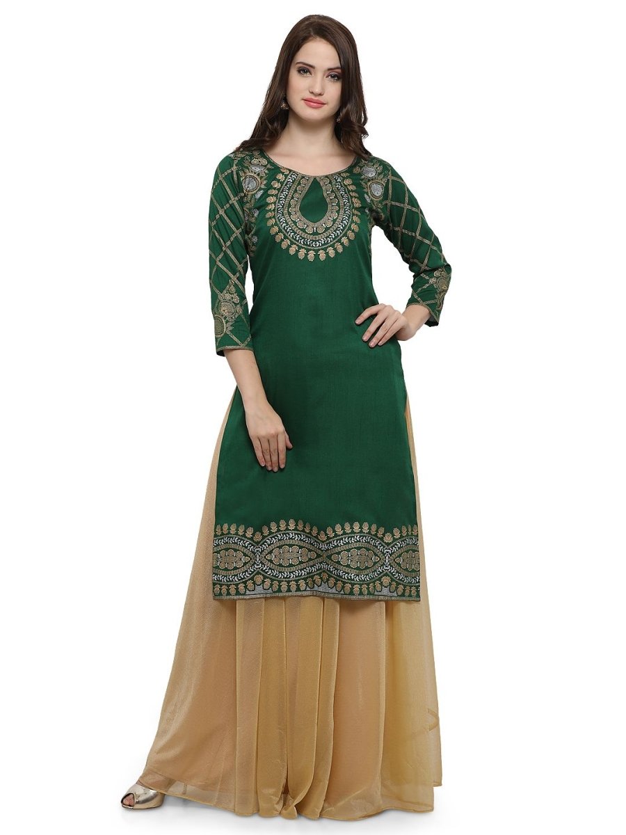 Ahalyaa Women's Green Poly Silk Gold Foil Print Kurta | Grocsy