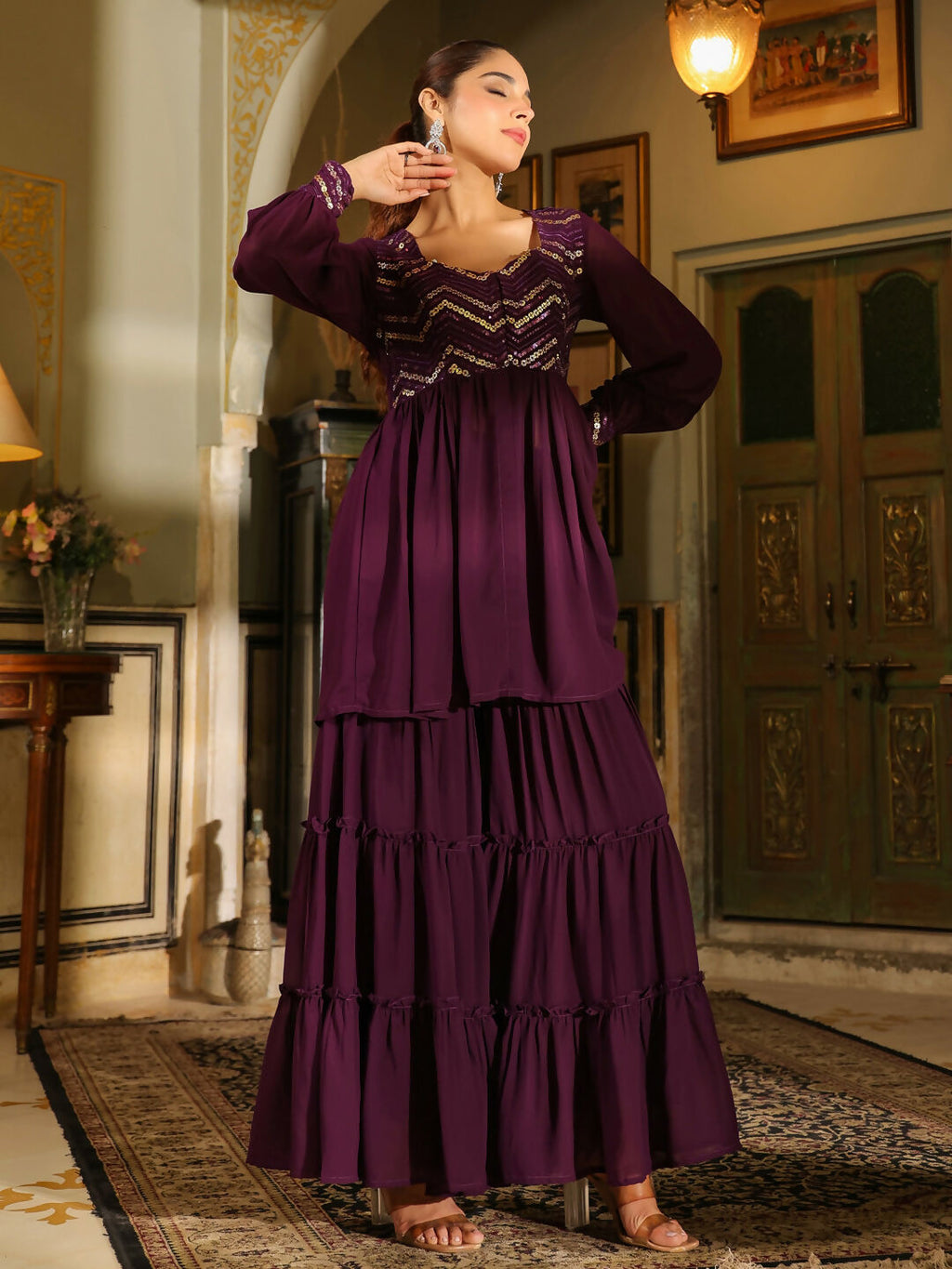 Janasya Purple Georgette Sequined Tunic & Bottom | Grocsy