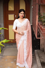 Peach Poly Georgette Ethnic Motifs Saree with Unstitched Blouse - A2M | Grocsy