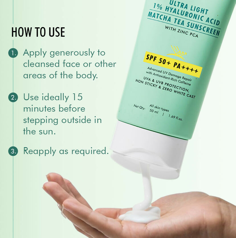 mCaffeine Sun Fix Ultra Light 1% Hyaluronic Acid Matcha Tea Sunscreen SPF 50+ PA++++ | Grocsy