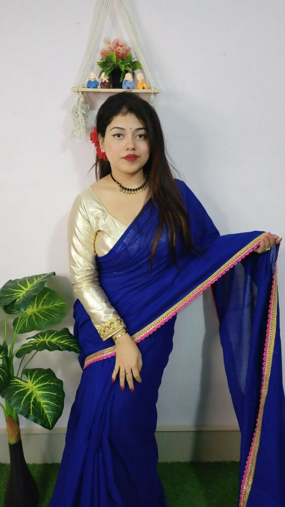Exclusive Collection Beautiful Khadi Cotton Handloom Saree With Beautiful Zari Border - Royal Blue | Grocsy