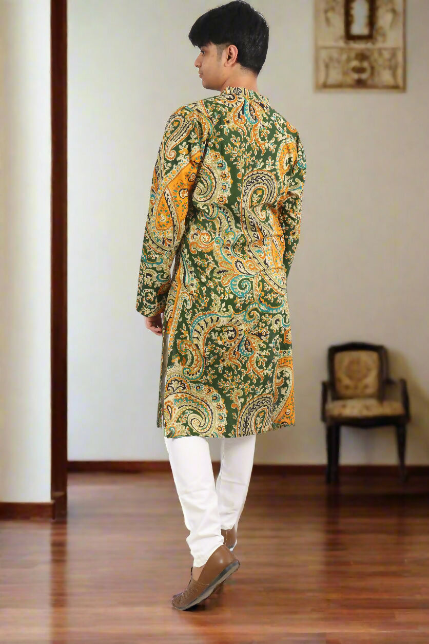 Souchii Men Green & Mustard Pure Cotton Paisley Printed Straight Kurta | Grocsy