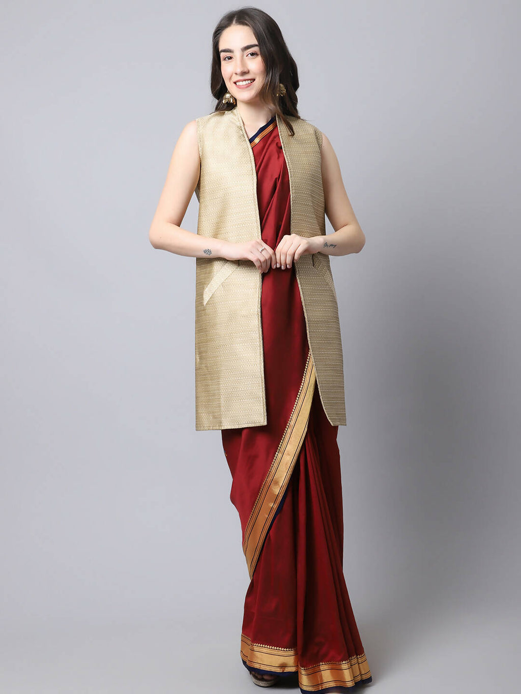 Even Apparels Beige Bansari Silk Open Front Women's Long Coat | Grocsy