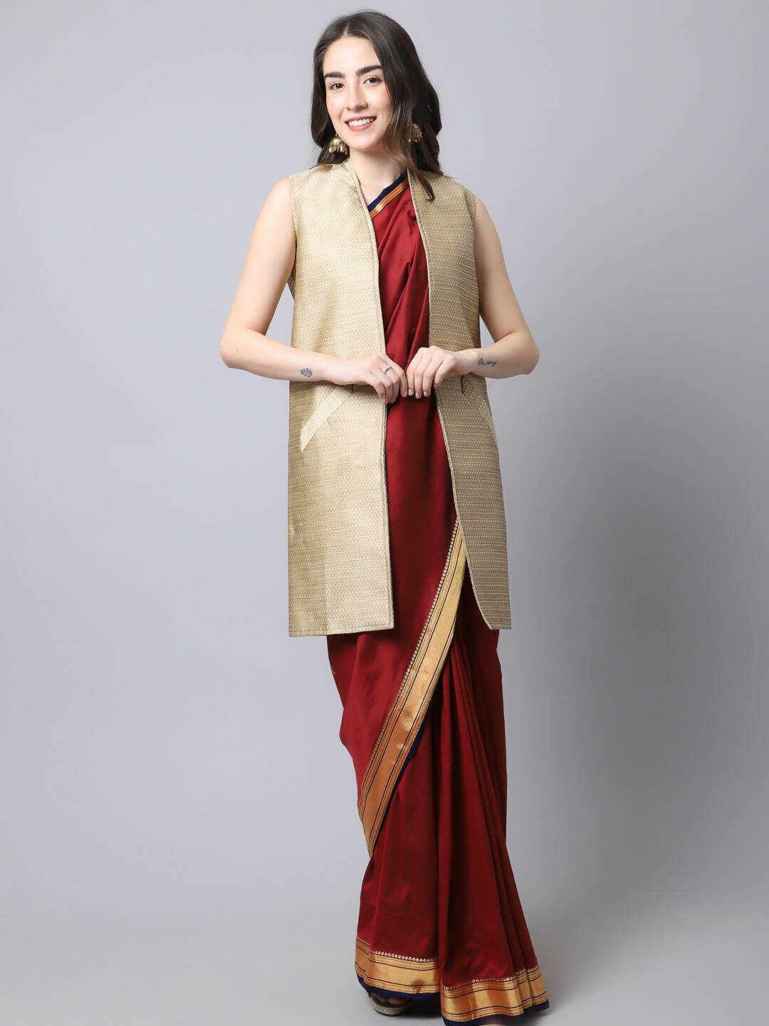 Even Apparels Beige Bansari Silk Open Front Women's Long Coat | Grocsy