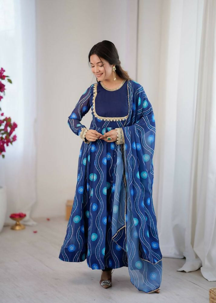 Teeya Creation Blue Faux Georgette Party Wear Digital Print Long Gown | Grocsy