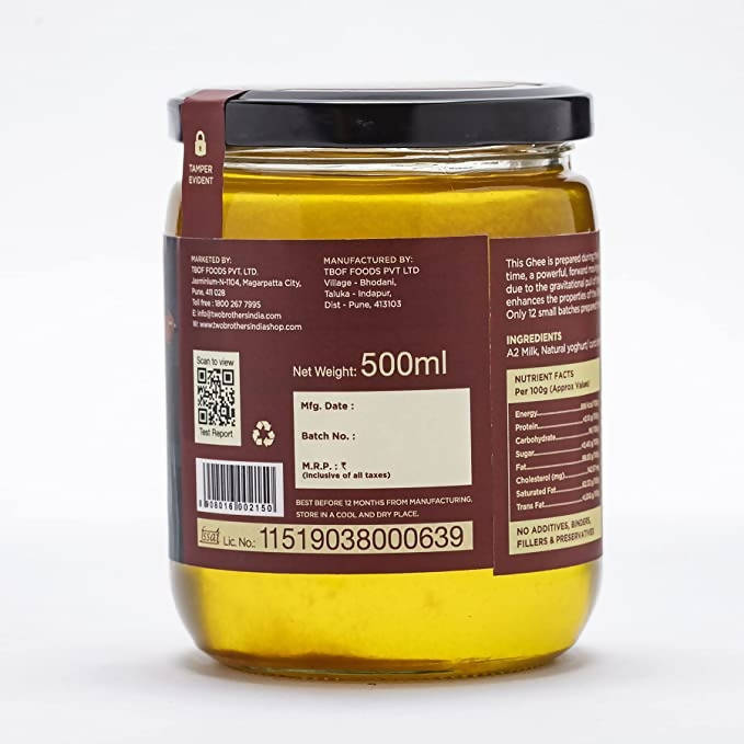 Two Brothers Organic Farms A2 Gir Cow Cultured Full Moon Ghee | Full Moon Cultured Cow Desi Ghee | Curd-Churned Bilona Ghee | Grass-Fed A2 Gir Cow Ghee | Grocsy