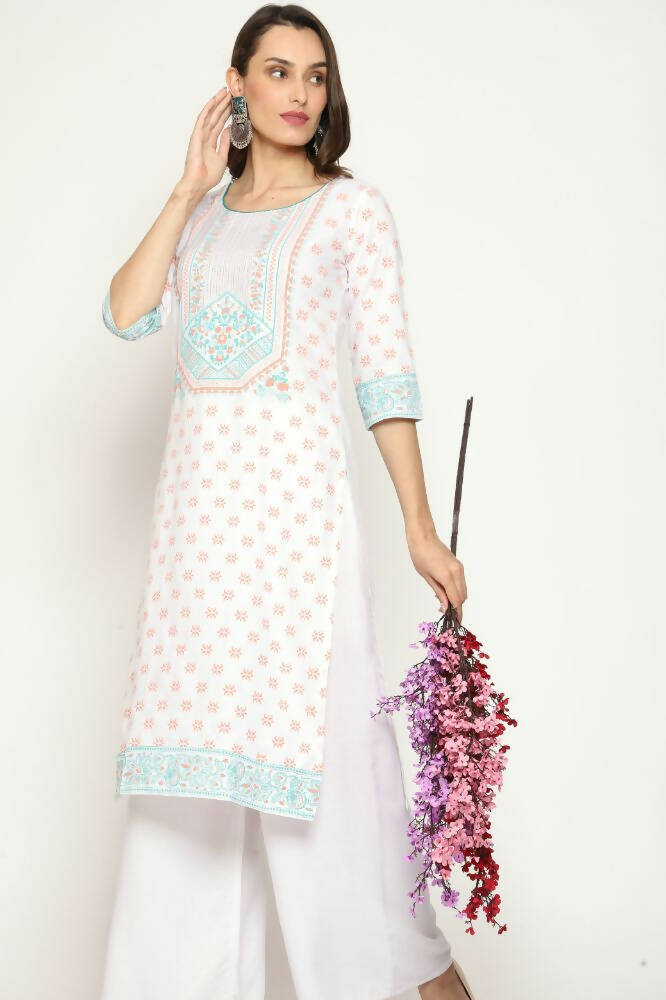 Maai Rayon Hand Printed Kurta Off-White | Grocsy