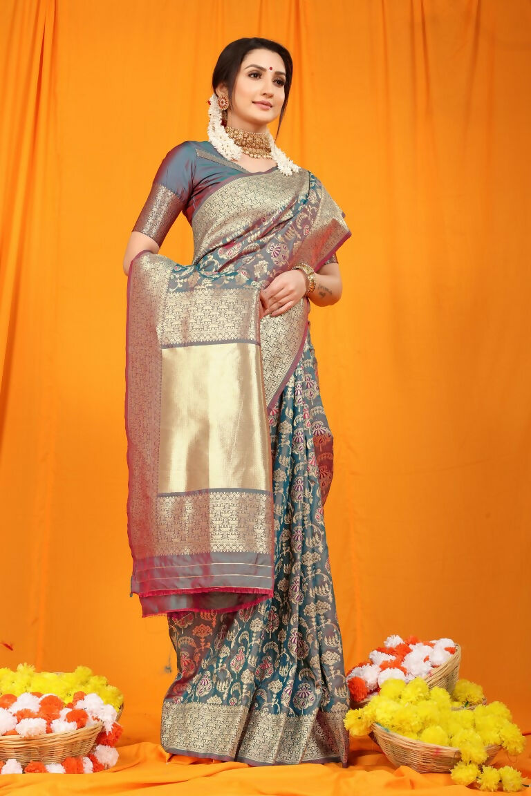 Jyoti Fashion Women's Grey Kanjivaram Silk Zari Woven Saree with Blouse | Grocsy