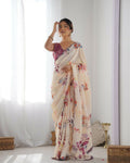 Peach Chinon Designer Digital Printed & Mirror Cut Work Saree - Kriti | Grocsy